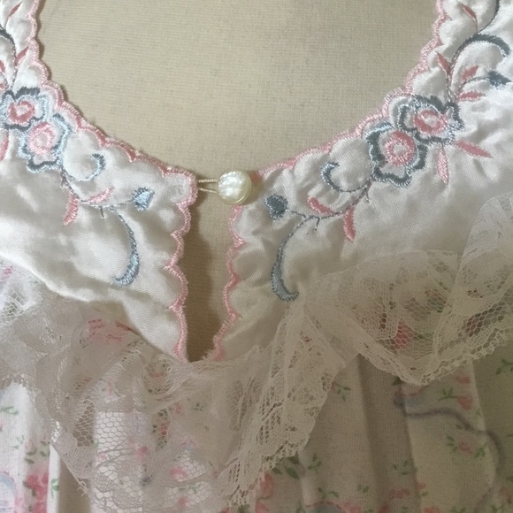 Vintage Stardust Long Sleeve Floral Cotton Nightgown Lace Satin Embroidered Trim - Picture 5 of 10